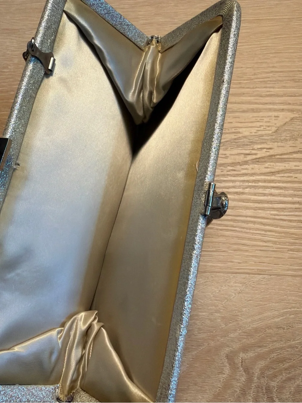 Vintage 1960s Silver Lamé Evening Clutch Bag with Structured Metal Top Handle
